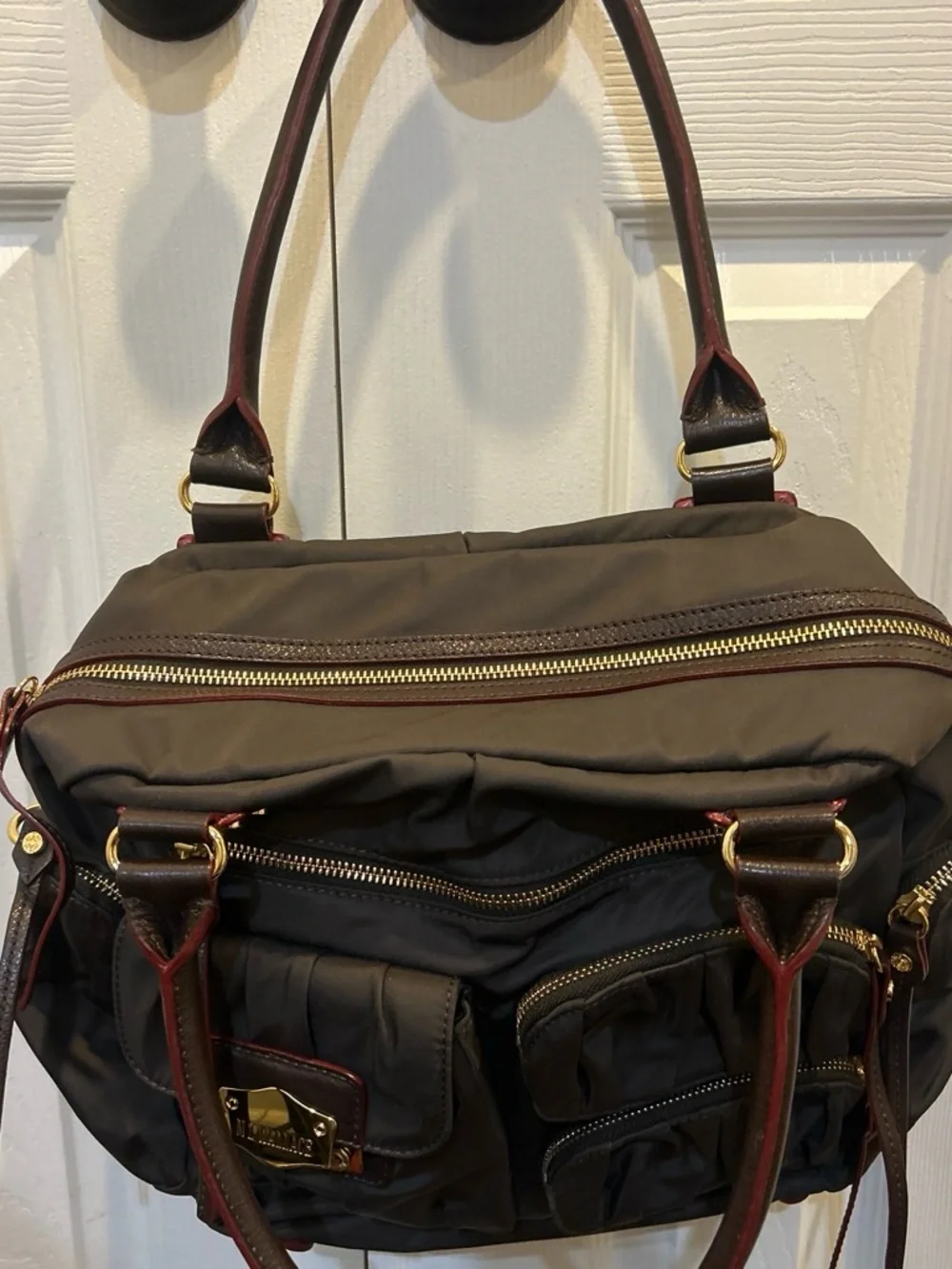 MZ Wallace Shoulder Bag with Gold Hardware and red detail